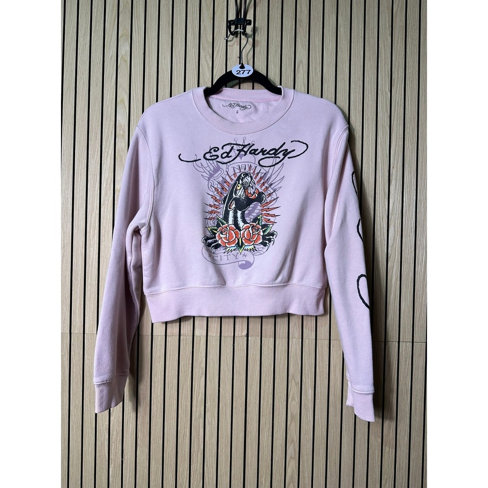 277 Ed Hardy Cropped Sweatshirt Panther Rose Tattoo Graphic (Small, Pink, EUC)